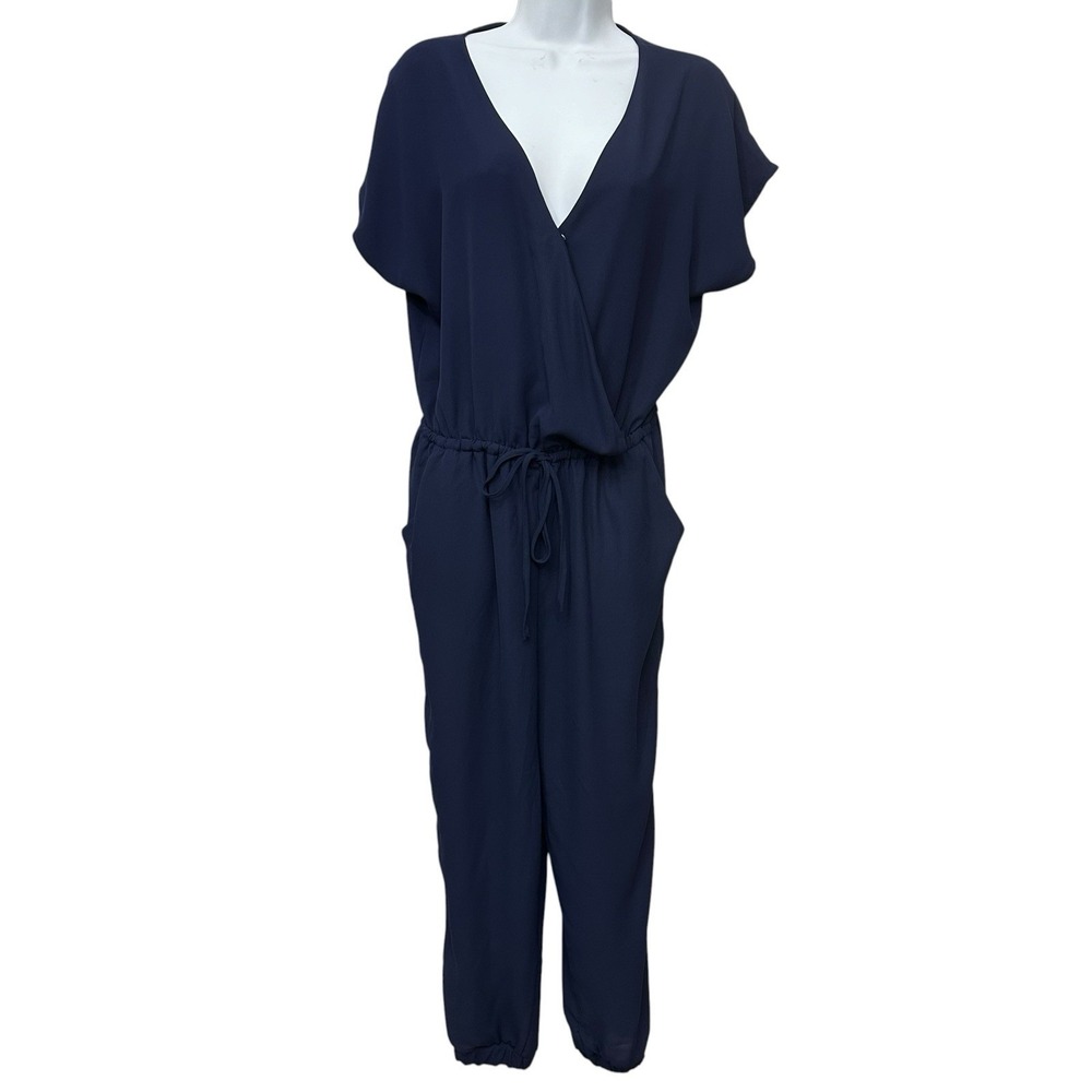 Measeor Jumpsuit Women's Size L Jogger Bottoms Short Sleeve V-neck Pockets Blue